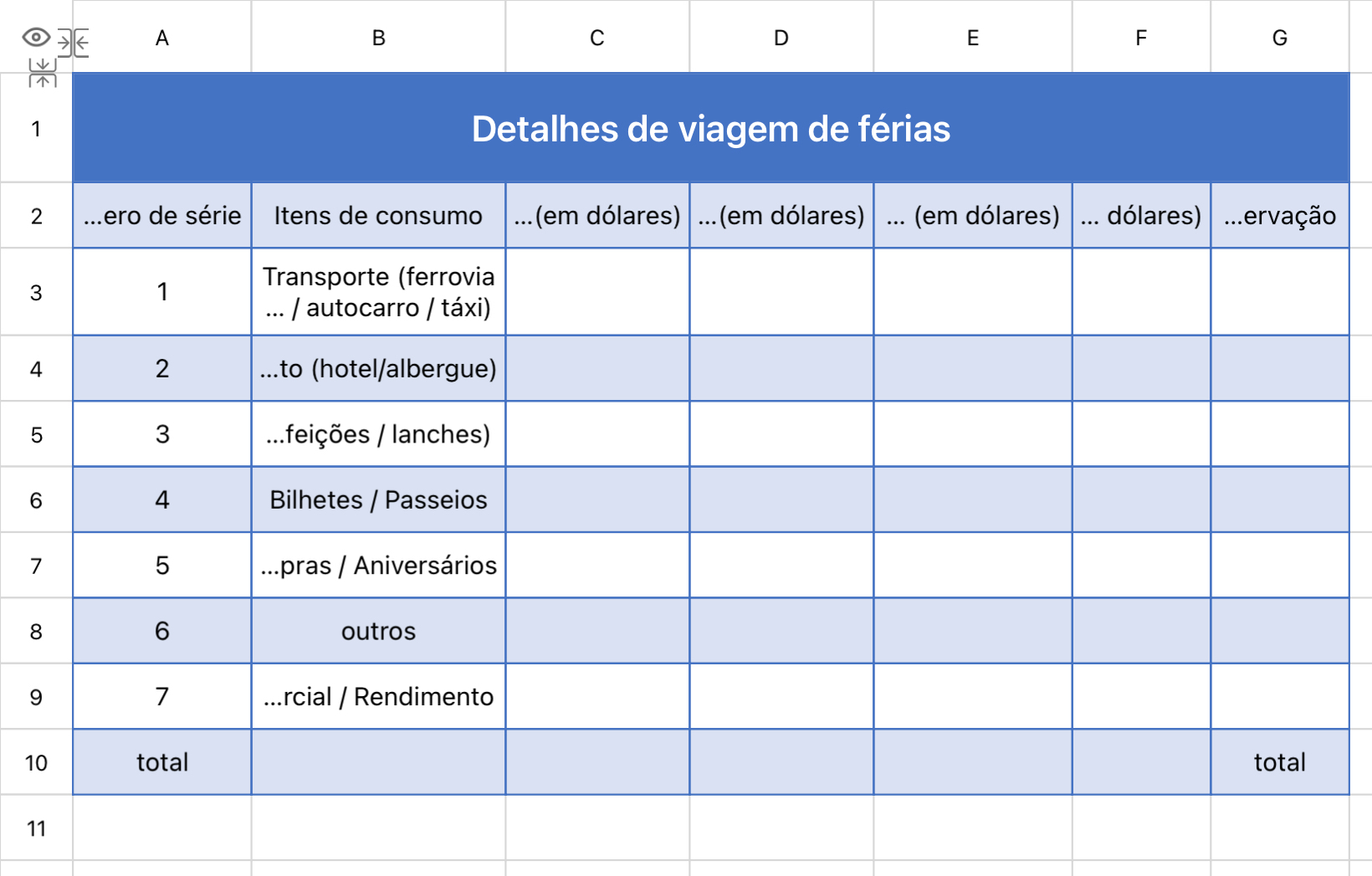 Detalhes de viagem de férias